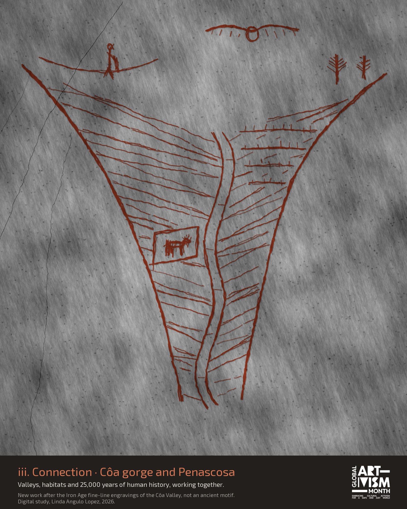Digital study: the Côa gorge in rough burnt sienna lines on grey schist, with the river between stratified walls, a rock panel with a small engraved horse, terraces, a walker and a vulture