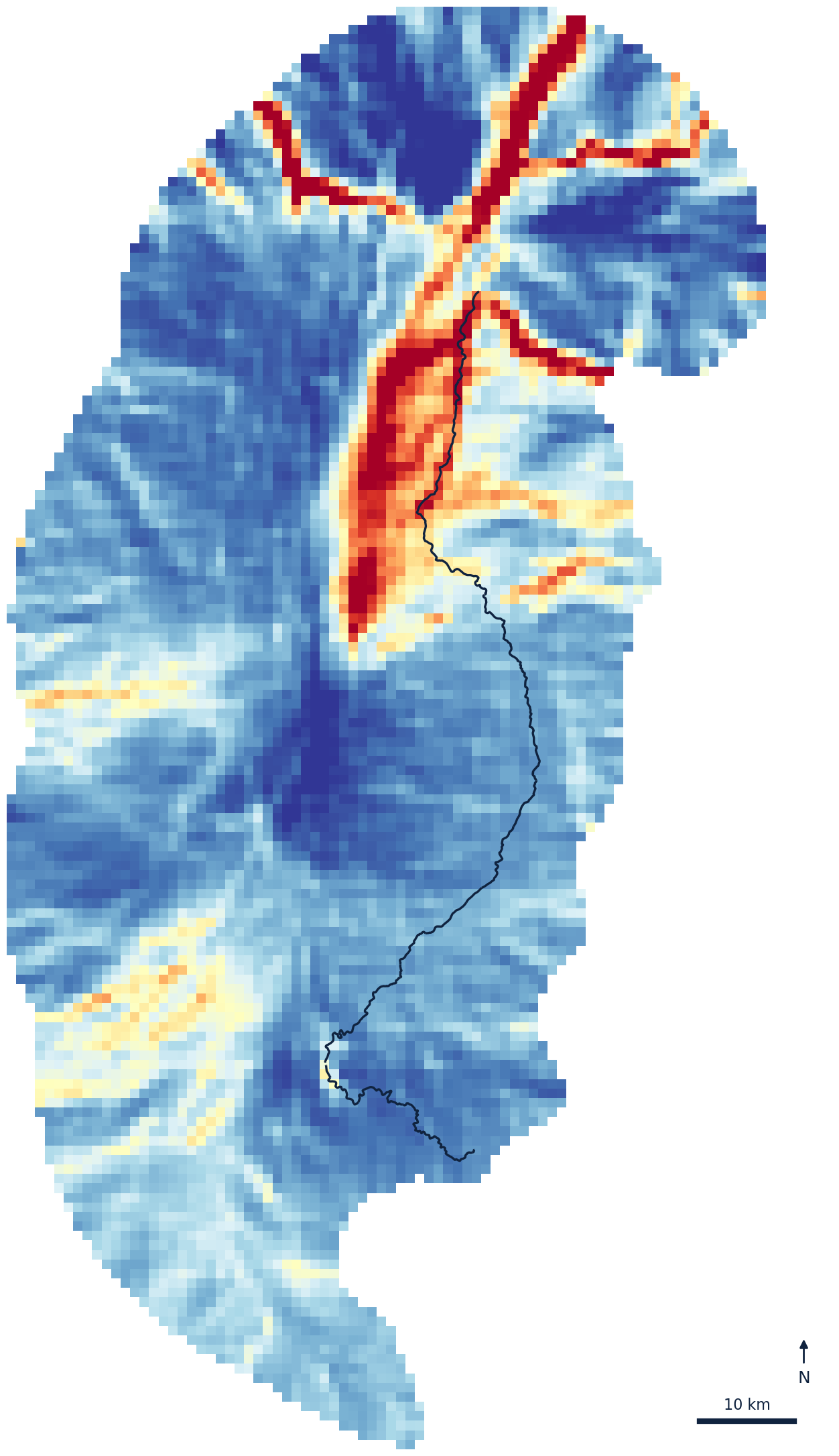 Map of multispecies mean connectivity across the Côa catchment, strongest along the lower Côa