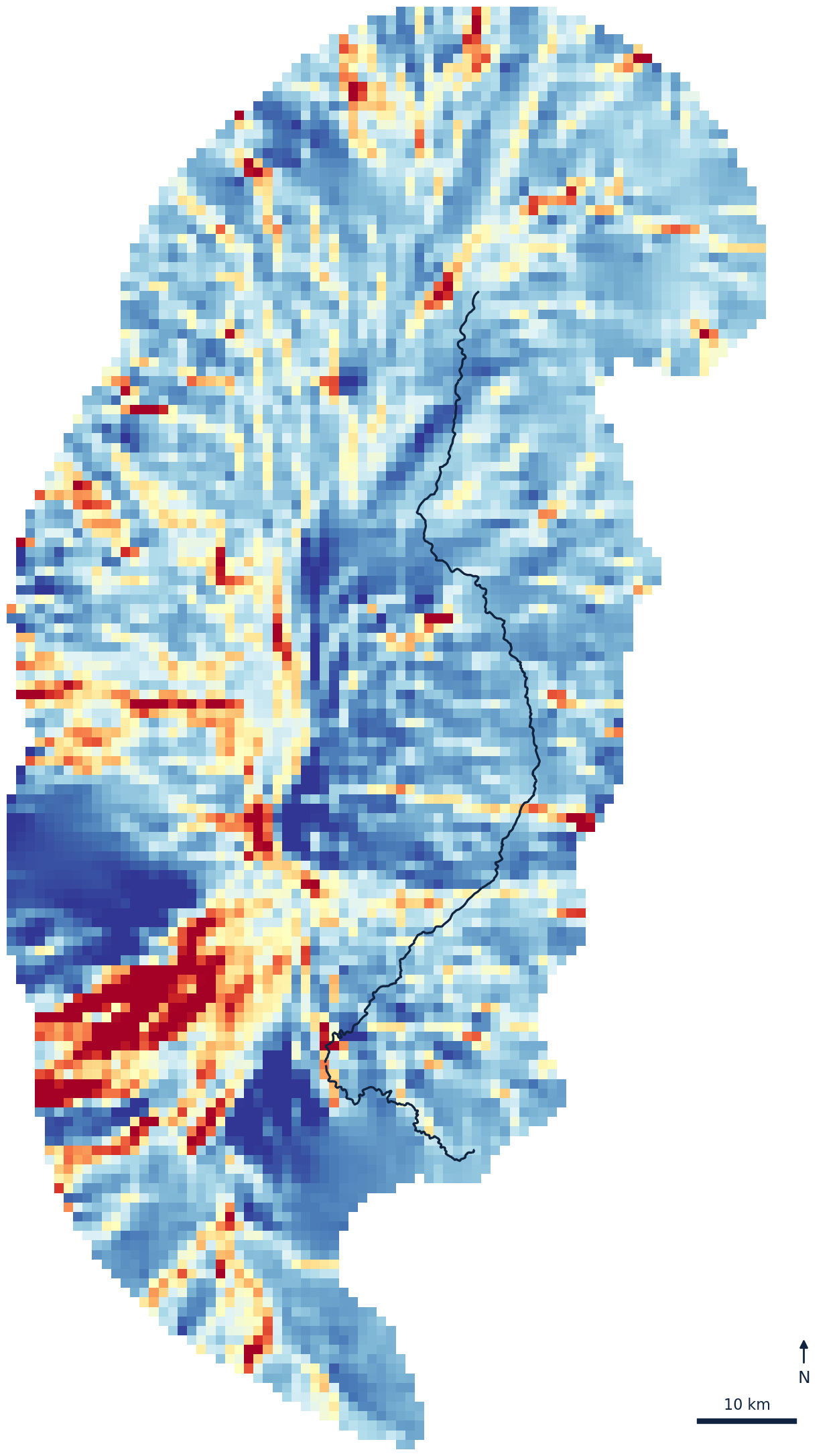 Map of modelled land connectivity for wolf, wildcat and red deer across the Côa catchment, with the Côa river drawn in dark blue
