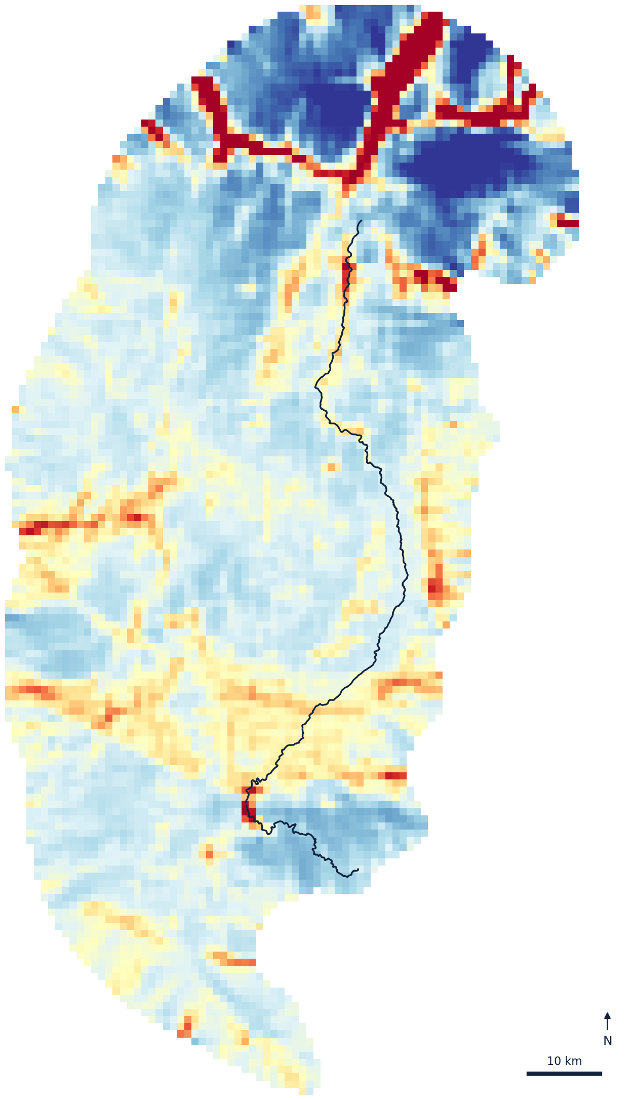 Map of modelled connectivity for species that move along water in the Côa catchment