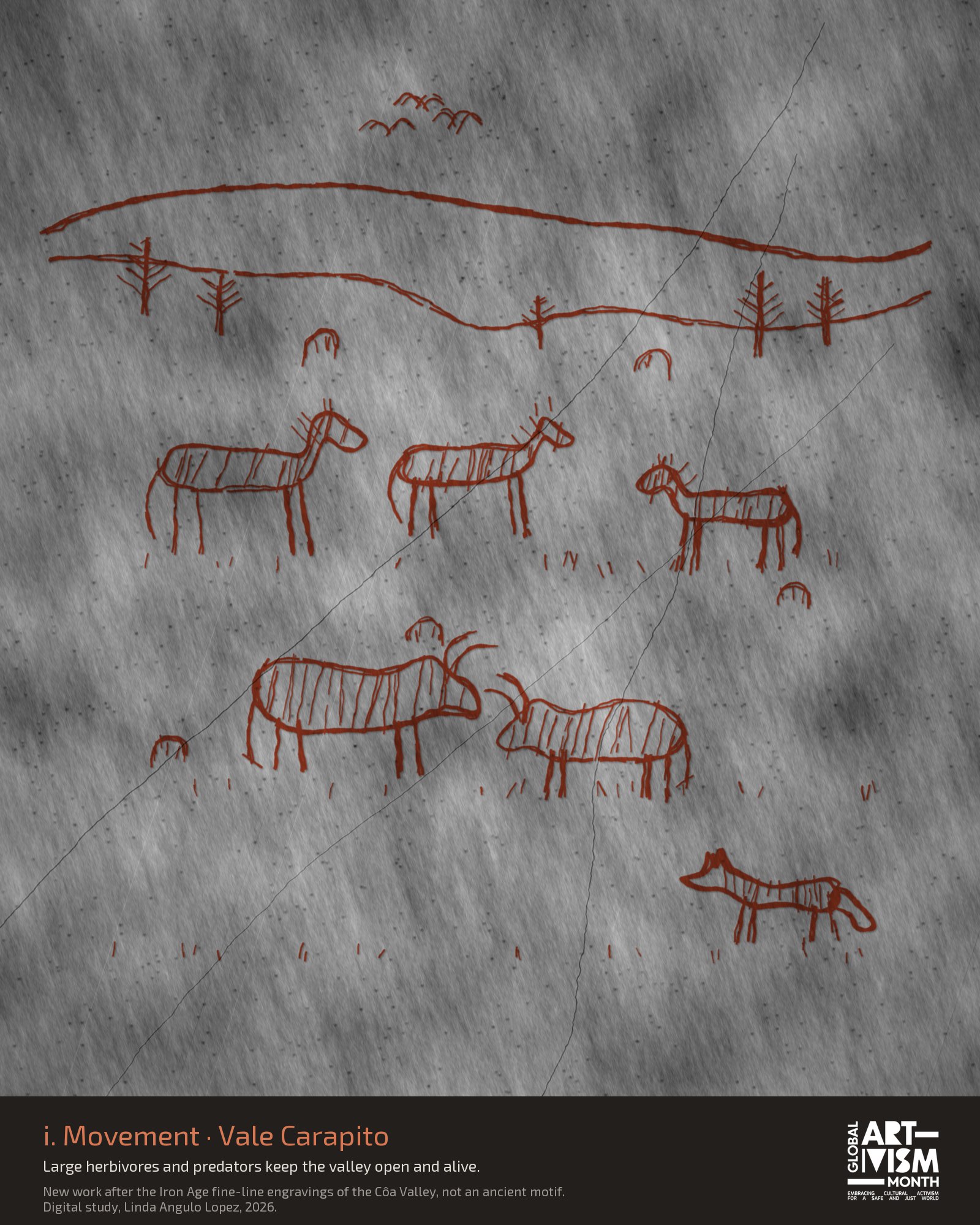 Digital study: Vale Carapito in rough burnt sienna lines on grey schist, with hills, fishbone trees, three horses, two Tauros cattle and a wolf