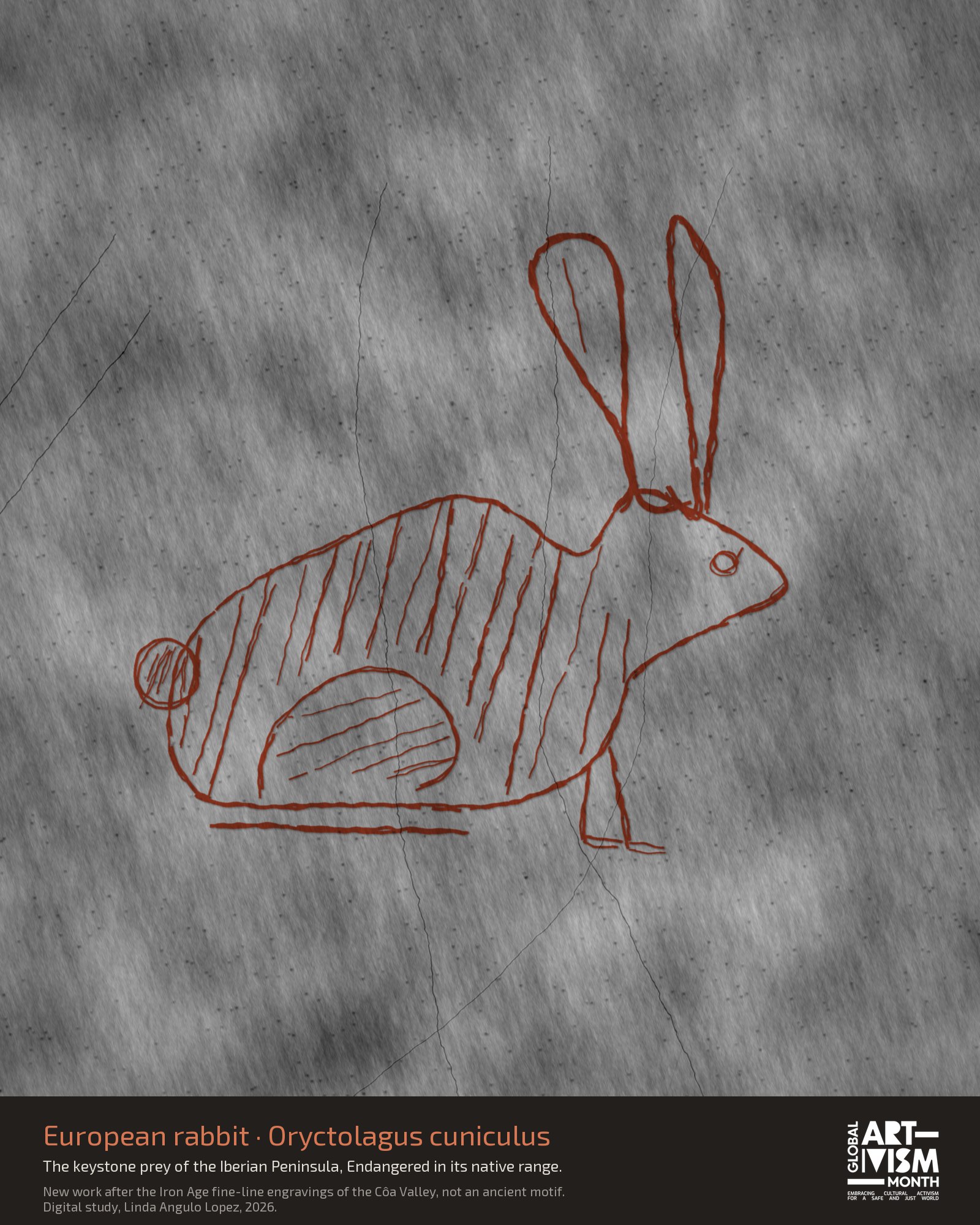 Digital study: European rabbit in rough burnt sienna lines on grey schist, after the Iron Age fine-line engravings of the Côa Valley, with long ears and a short round tail