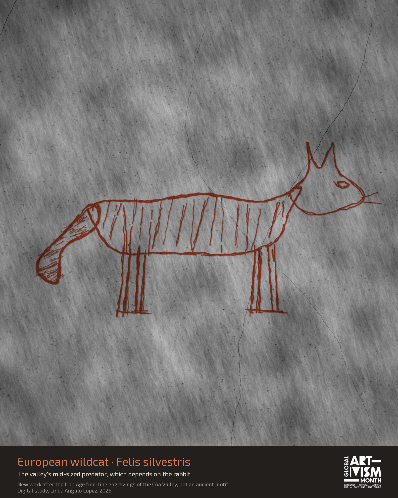 Digital study: European wildcat in rough burnt sienna lines on grey schist, after the Iron Age fine-line engravings of the Côa Valley, with a blunt ringed tail