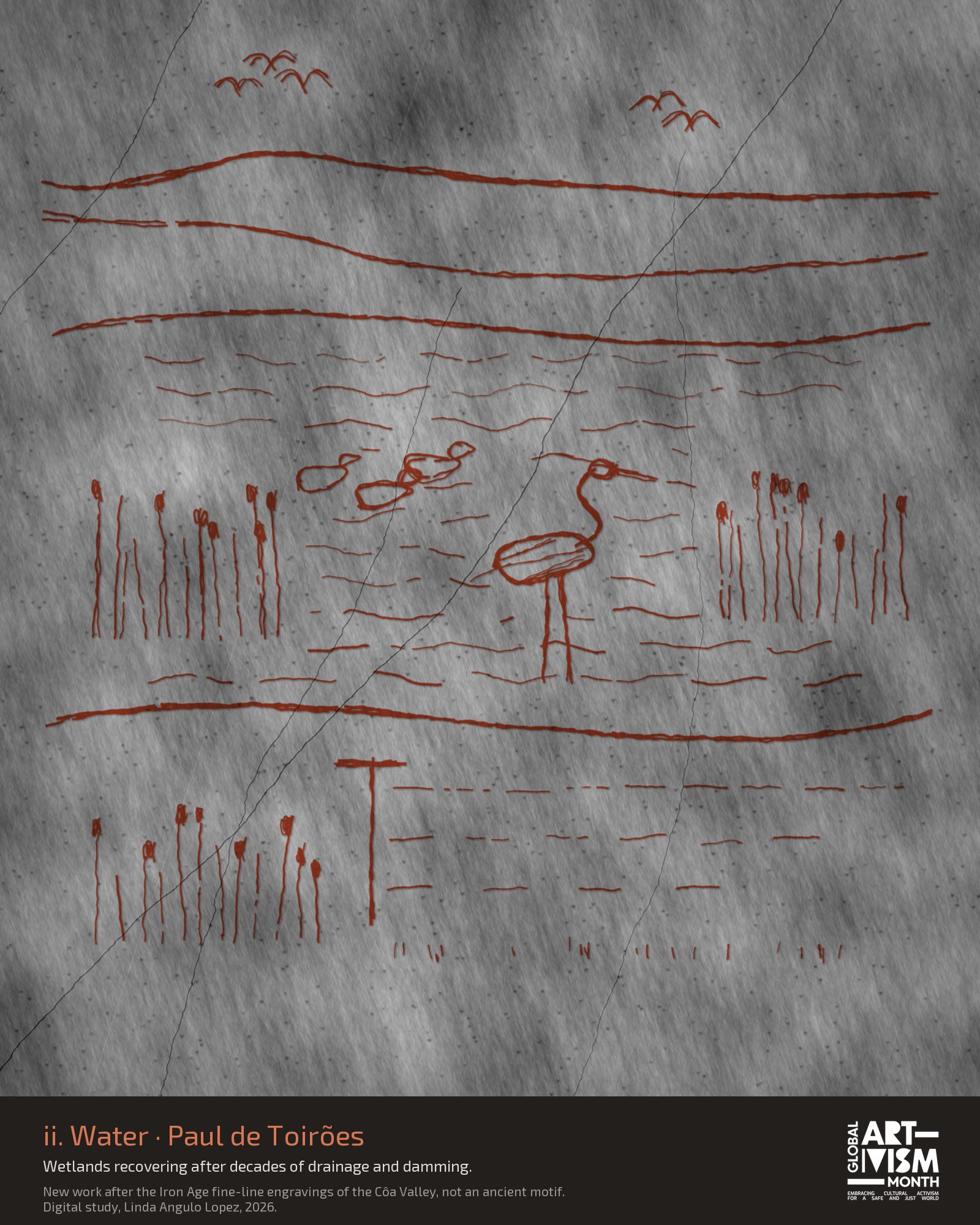 Digital study: Paul de Toirões wetland in rough burnt sienna lines on grey schist, with open water, reed beds, a heron, ducks, and old drainage ditches fading into the marsh